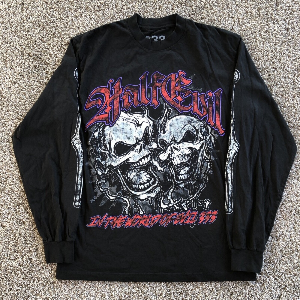 Half Evil 333 Skulls Long Sleeve Graphic T-Shirt Mens M Streetwear Gothic Grunge